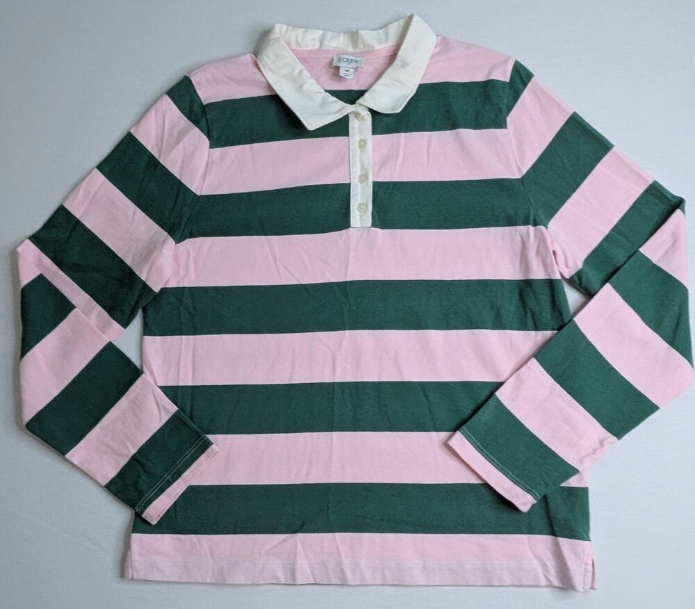 J CREW Striped Rugby Shirt Womens M Pink Green Long Sleeve Cotton Polo BJ109